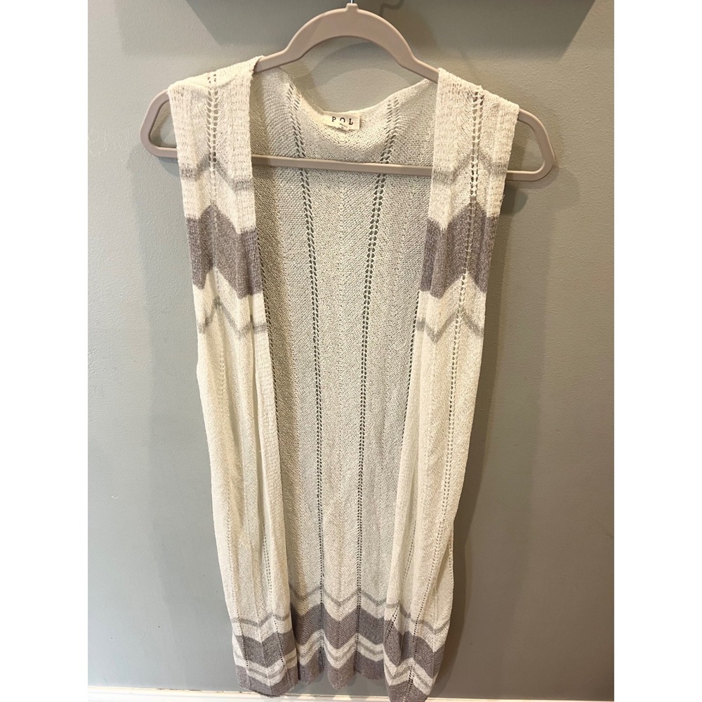 POL Open Front Crocheted Women's Duster Cardigan Size Medium Ivory Gray Chevron